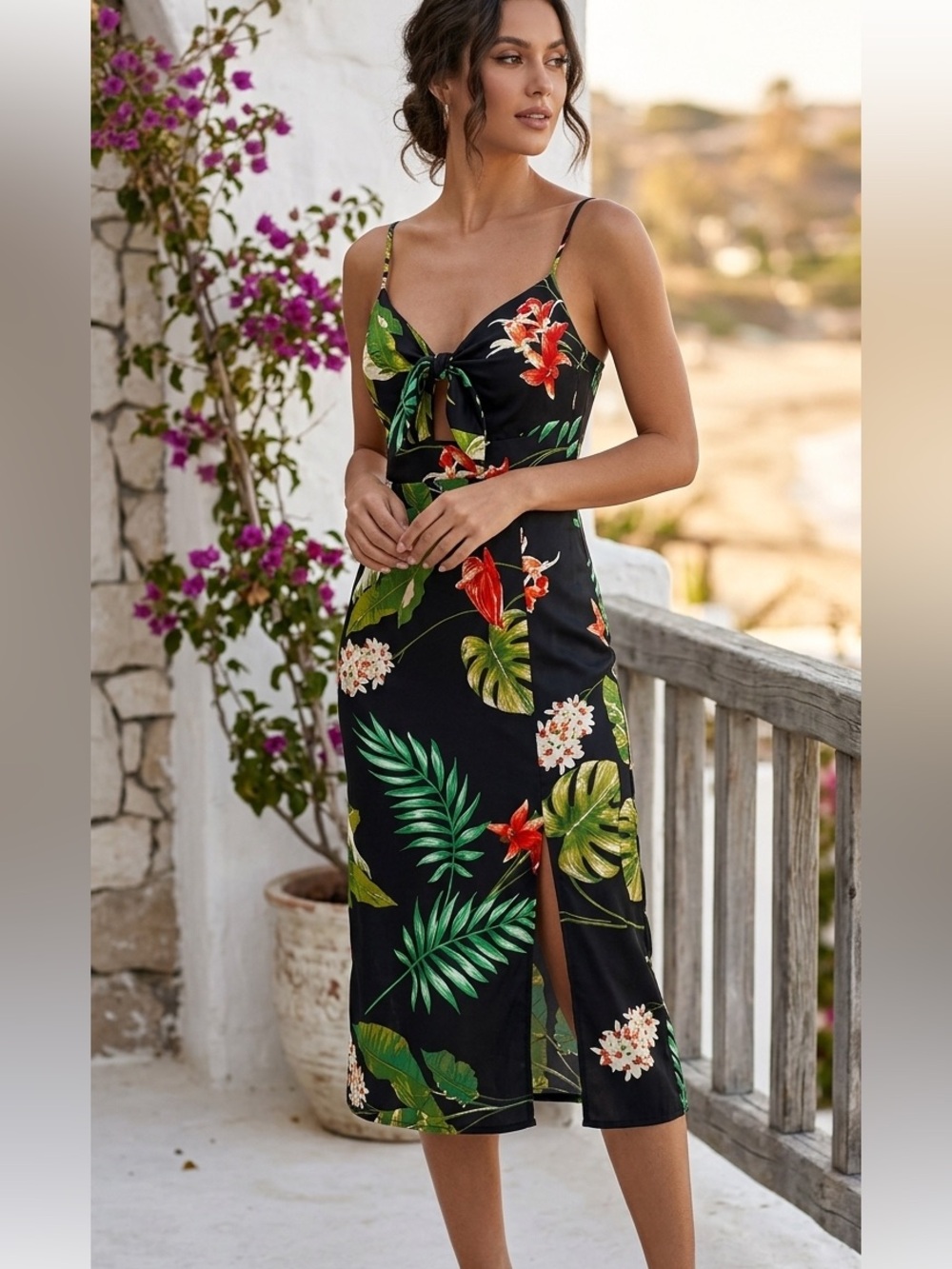 ❤️ONE CLOTHING black floral v-neck tie front spaghetti strap maxi dress w/ slit